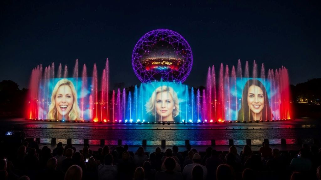 Water fountains projecting colorful Disney images at World of Color nighttime spectacular at California Adventure Park