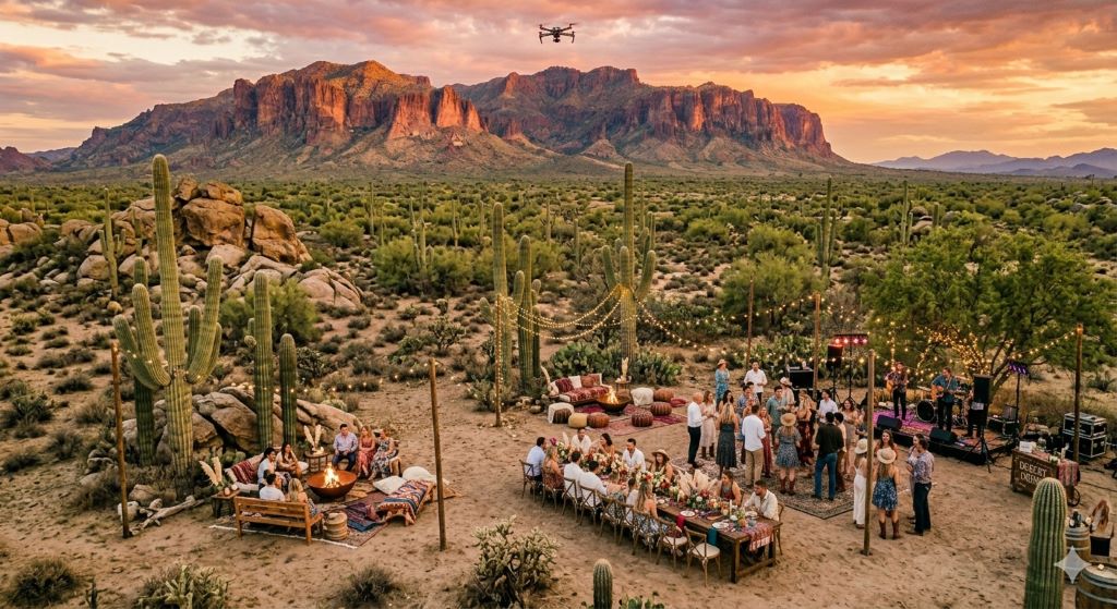 Memorable desert-themed party in AZ with outdoor dining, live entertainment, and beautiful desert landscape views