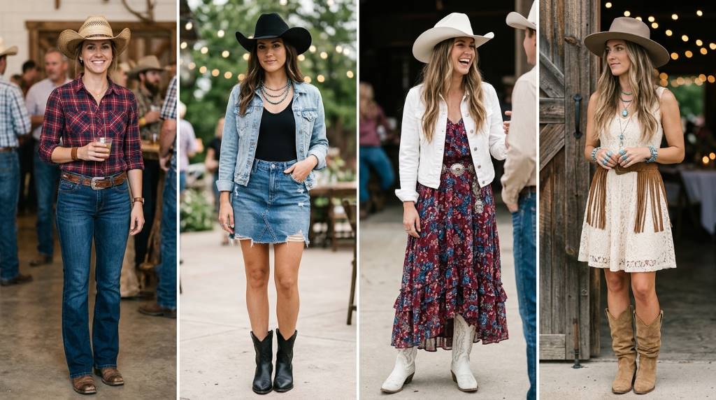 Cowgirl outfit with denim jeans, leather jacket, and wide-brimmed hat for a party look