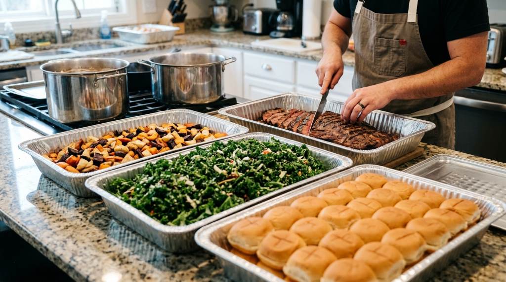 Buffet table prepared for 30 house party guests
