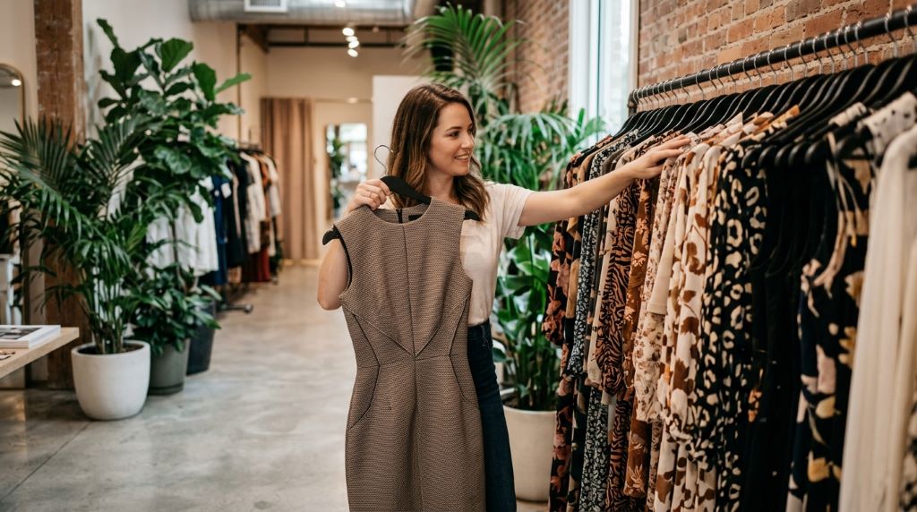 Customer comparing boutique clothing sizes inside a fitting room