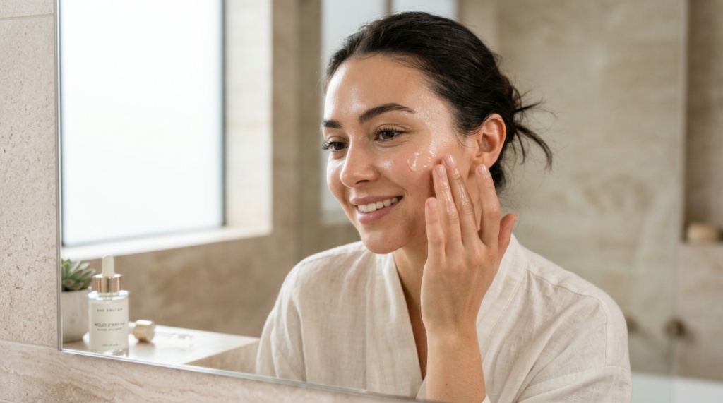 Minimalist skincare products on a marble vanity with Manhattan skyline view