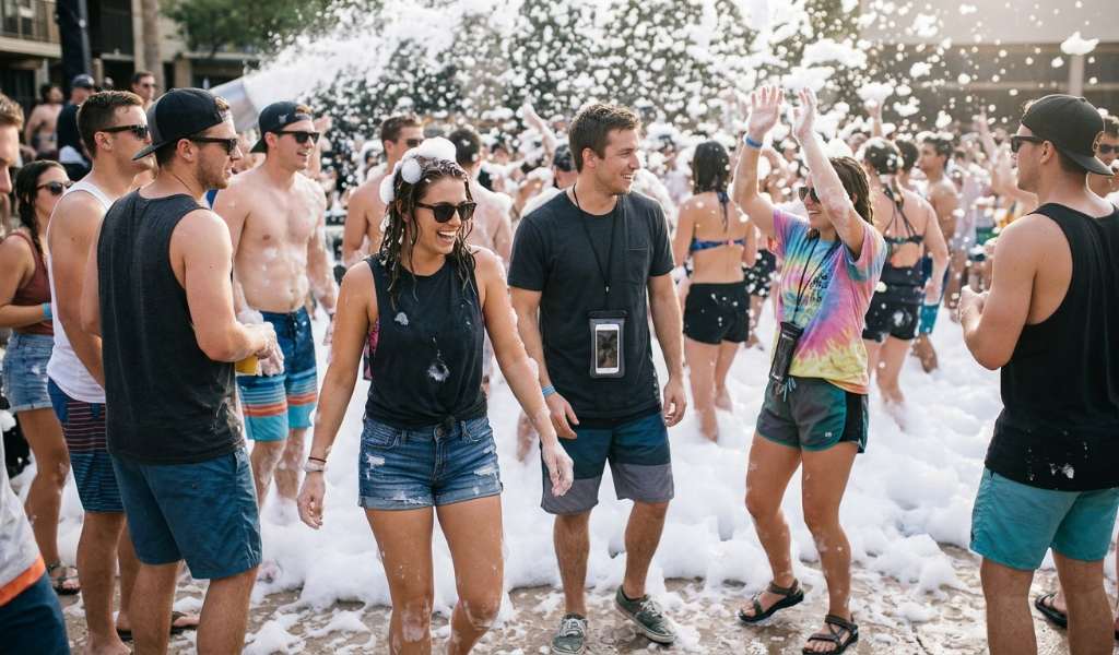 Group of friends dancing at a foam party at night